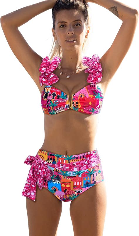 Amazon Sporlike Women High Waisted Swimsuit Flounce Straps Bikini Bathing Suit Clothing