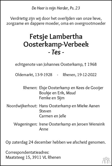 Fetsje Lambertha Tes Oosterkamp Verbeek Overlijdensbericht