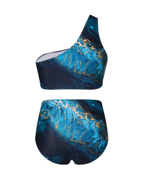Swim Oasis Pcs Plus Size Women Holiday Marble Printed One Shoulder Bikini Set With Sexy Bikini
