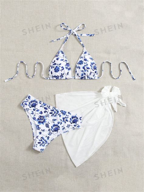 Shein Swim Mod Pack Floral Print Halter Triangle Bikini Swimsuit