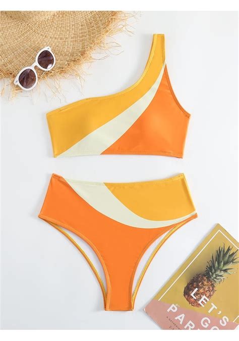 Ikkb Yeni Renk Bloklu Tek Omuz B L Nm Moda Ki Par Al Kapl Ca Plaj Bikini Seti Kad N Mayo