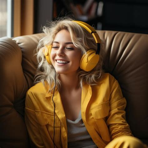 Premium Ai Image Beautiful Blonde Woman In Yellow Headphones Listening Music Sitting On Sofa