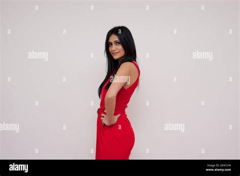 Elegant Women Brunette In Red Dress Stock Photo Alamy