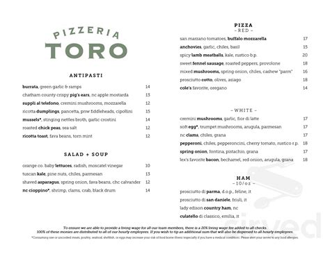 Pizzeria Toro menu in Durham, North Carolina, USA