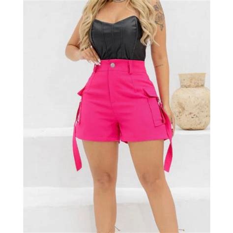 Short Cargo Alfaiataria Feminino Bolso Lateral Cintura Alta Ver O