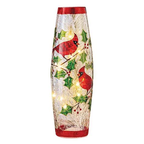 Collections Etc Led Holly Cardinal Crackled Glass Hurricane Lamp