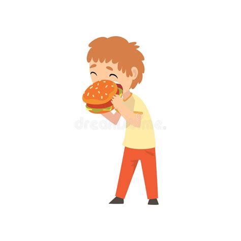 Cute Boy Eating Burger Child Enjoying Eating Of Fast Food Vector