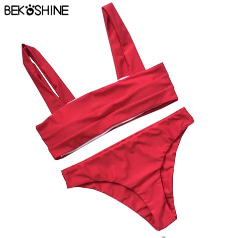 BEKOSHINE Swimwear Women Bikini Set Solid Red Swimsuit Pad Biquini