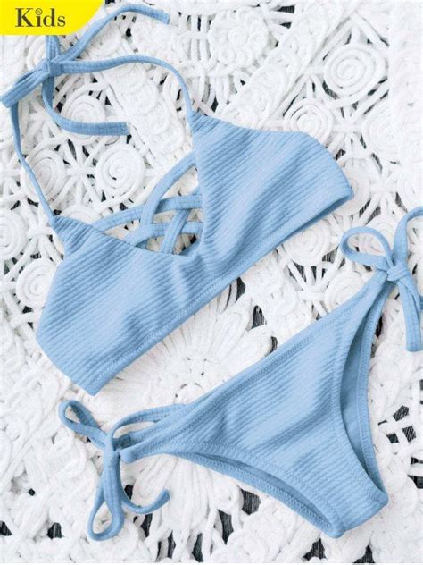 Off Strappy Ribbed Texture String Bikini In Azure Zaful