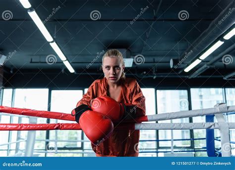 Blonde Haired Female Boxer Standing In Boxing Ring Stock Image Image Of Lesson Muffler 121501277