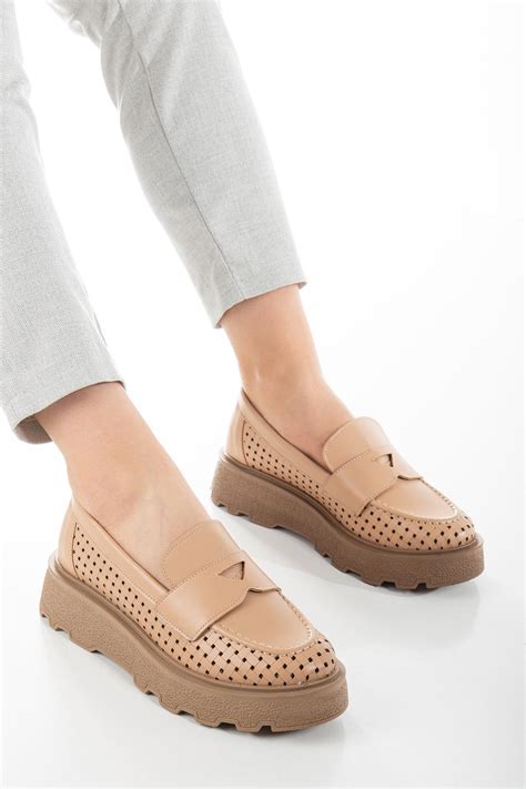 Rahat Kalıp Kalın Poli Taban Şerit Desenli Kadın Nude Loafer TBACR821 Tonny Black