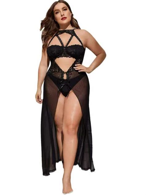 Buy Xivir Women S Plus Size Sexy Lace Sleeveless Split Long Mesh Lingerie Dress Online At Best