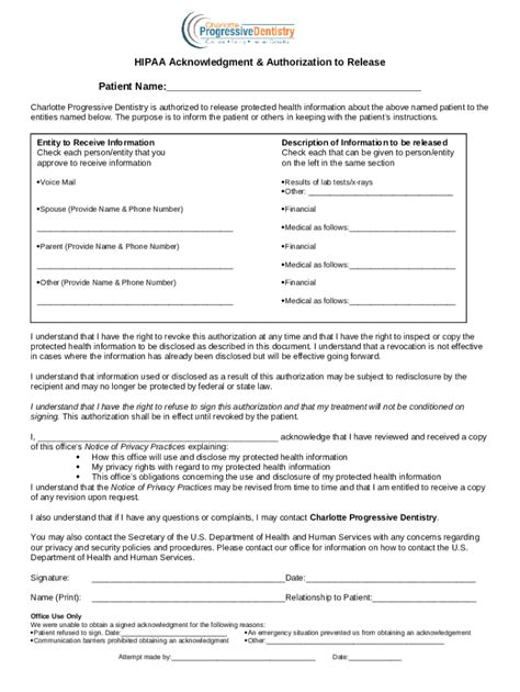 hipaa acknowledgment authorization  release  template pdffiller