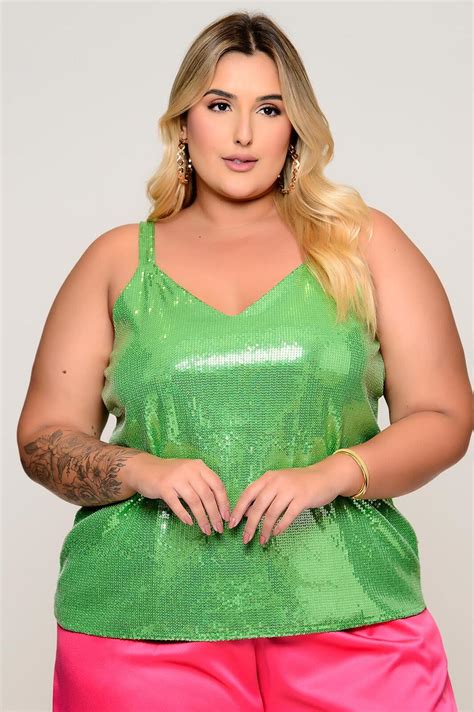 Regata Plus Size Em Paetê Verde Vk Moda Plus Size