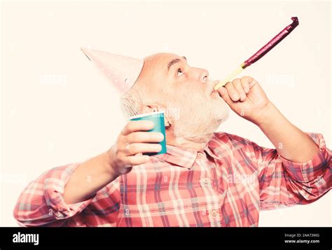 Man Bearded Grandpa With Birthday Cap And Drink Cup Birthday Crazy