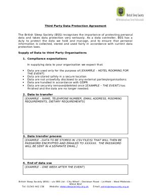 BSS Data Protection 3rd Party Agreement Doc Template PdfFiller