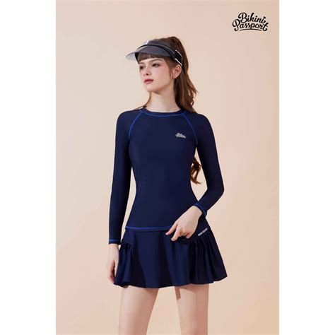 Áo bơi LẺ Nữ BIKINI PASSPORT kiểu tay dài kín đáo basic có logo màu Xanh Navy BS NV