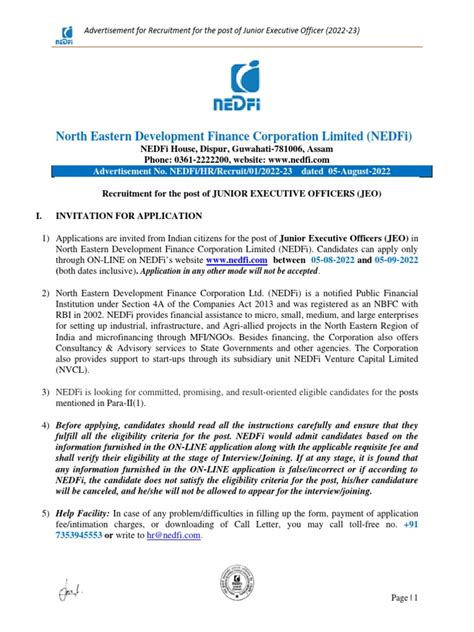 Nedfi Advertisement For Recruitment Of Jeo 05 08 2022 Pdf