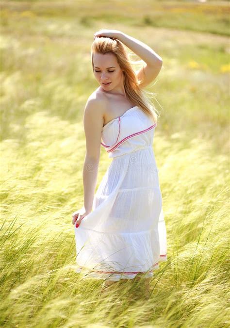 Sensual Blonde Female On Field In Short Dress Stock Image Image Of Looking Nature