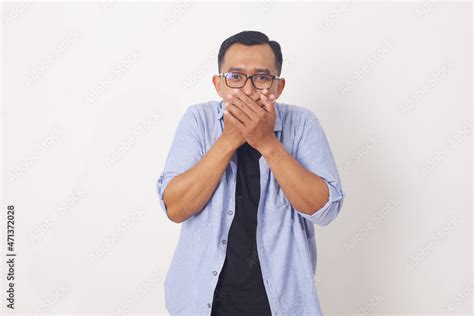 Waist Up Portrait Of Shocked Speechless Asian Man Gasping Cover Mouth