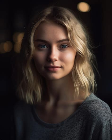 Premium Ai Image A Woman With Blonde Hair And A Grey Sweater Looks At