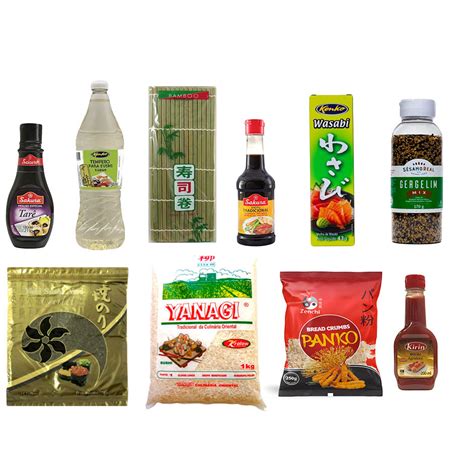 Kit Hot Roll 10 Itens Tare Vinagre Esteira Shoyu Wasabi Pasta Nori 10
