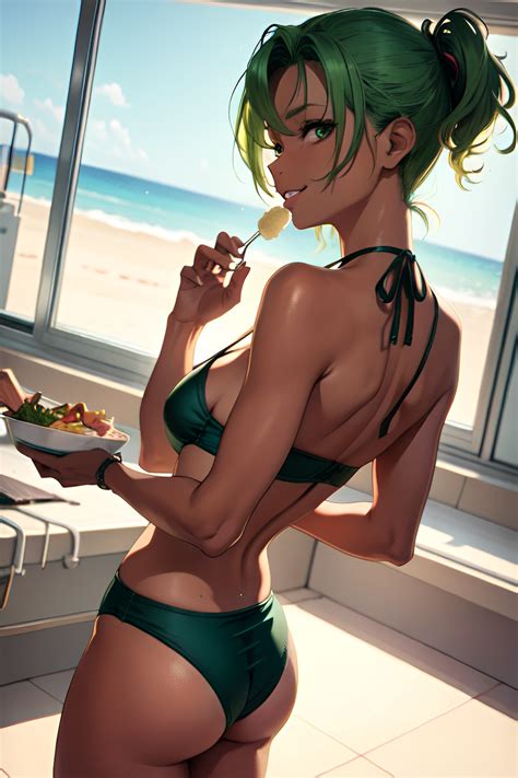Anime Skinny Small Tits 80s Age Happy Face Green Hair Slicked Hair Style Dark Skin Vintage