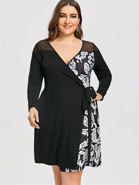 Gamiss Women Casual Party Dresses Plus Size Mesh Panel Floral Print Wrap Dress Sexy V Neck Long