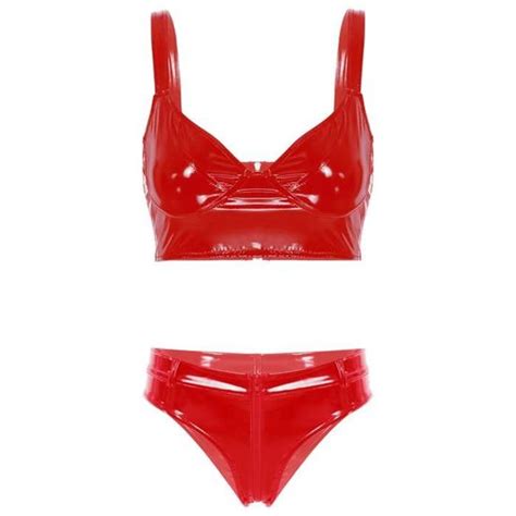 Yonghs Ensemble Lingerie Cuir Verni Sexy Soutien Gorge String Ouvert