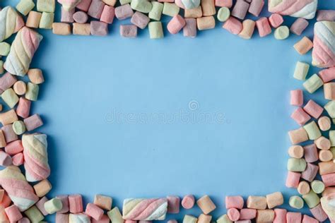 Colorful Mini Marshmallows Background Frame Copy Space For Text Stock