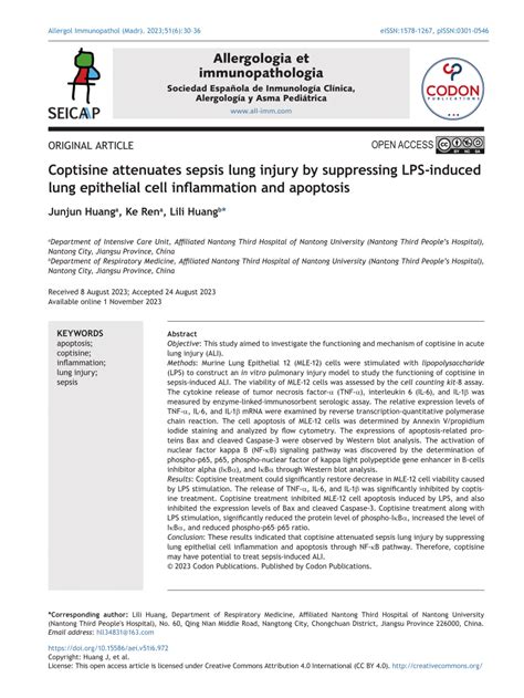 PDF Coptisine Attenuates Sepsis Lung Injury By Suppressing LPS