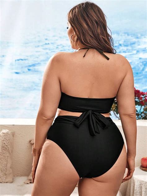 Shein Swim Curve Plus Size Mono Bikini Set Wrap Tie Back Halter Top Ruched High Waist Bikini