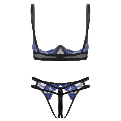 YONGHS FR Ensemble Lingerie Sexy Femme Ouverte Entrejambe Sein Nu Sous vêtement Dentelle Push Up