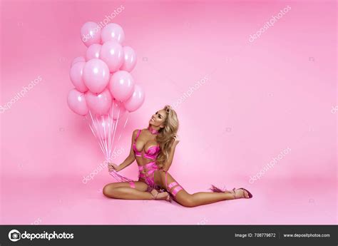 Sexy Model Long Blonde Hair Pink Lingerie Holding Bunch Pink Stock Photo Marcink3333 708779672