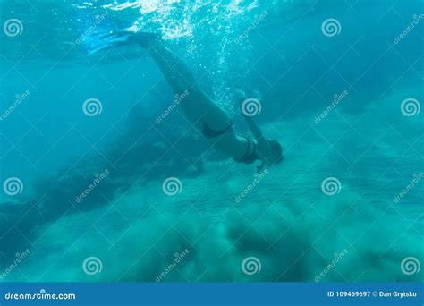 Beautiful Woman Underwater In Bikini Snorkels Over Coral Reef In The Sea Stock Image Image Of
