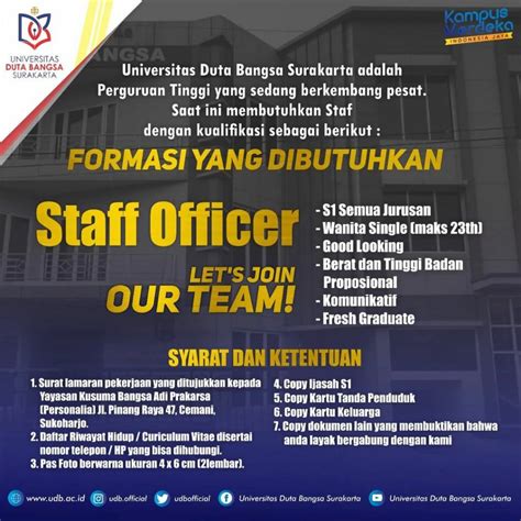 Lowongan Kerja Oktober Staff Officer Universitas Duta Bangsa