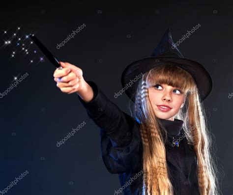 Witch Girl With Magic Wand Casting Spells Stock Photo Poznyakov