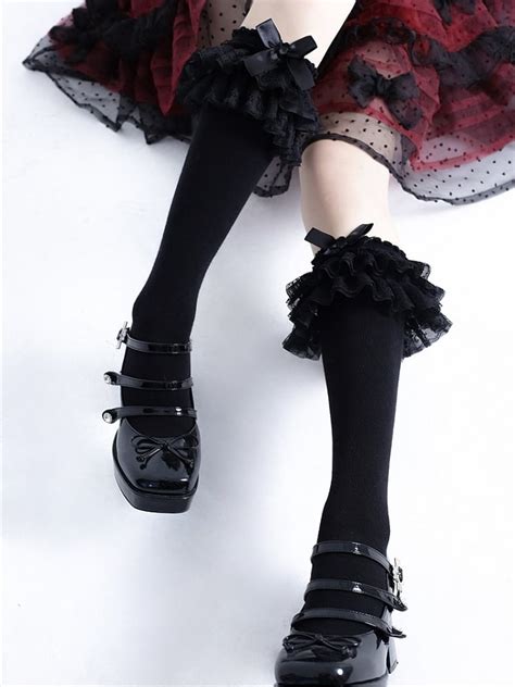 Bowknot Details Ruffled Cuff Black White Lace Under Knee Stockings