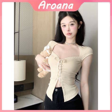 Jual COD Aroana T Shirt Wanita Prancis Chic Keinginan Murni Hot Girl Slim Fit Desain Tali