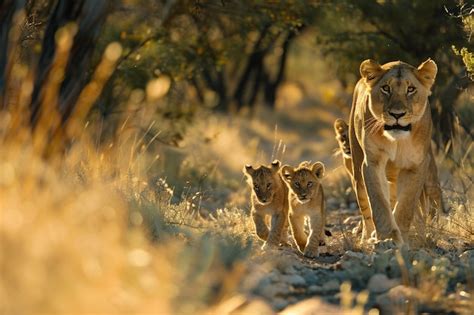 A Mother Lion And Her Cubs Are On A Rocky Path Premium Ai Generated Image