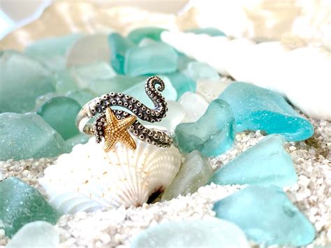 Sterling Silver Adjustable Tentacle And Starfish Ring Octopus Jewelry