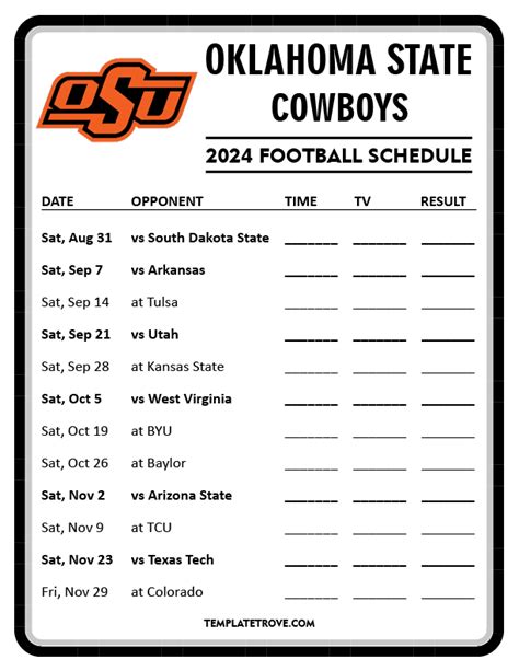 Printable 2024 Oklahoma State Cowboys Football Schedule