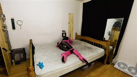 Sissy Maid Self Bondage Armbinder In Chastity Harness Gag With Large Black Dildo Locked In Ass