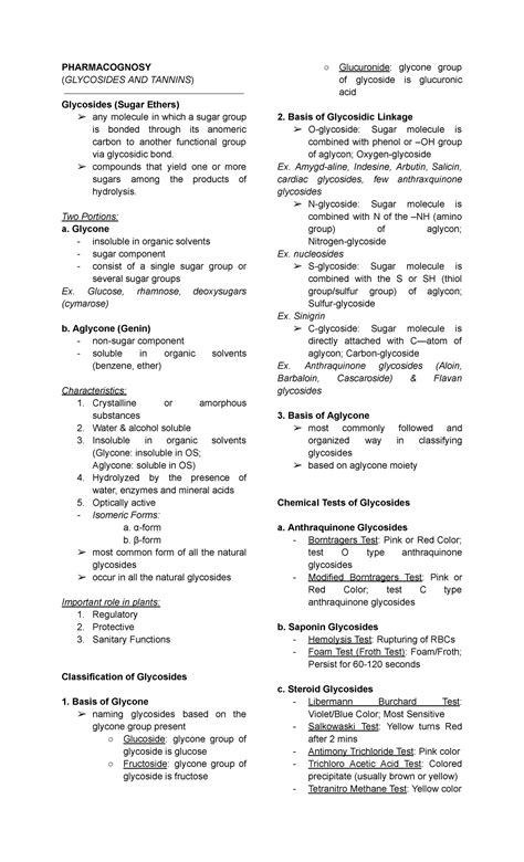 Pharmacognosy Notes Reviewer Pharmacognosy Glycosides And Tannins