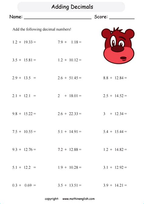 Addition Of Decimals Worksheets