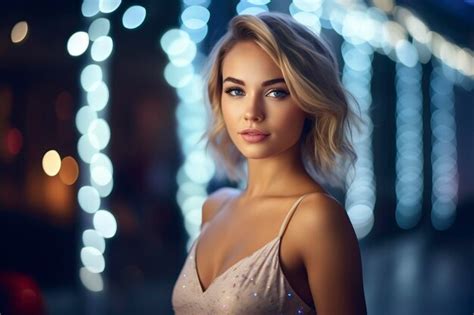 Beautiful Blonde Woman Dressed In Night Clothes With Lights Premium AI Generated Image