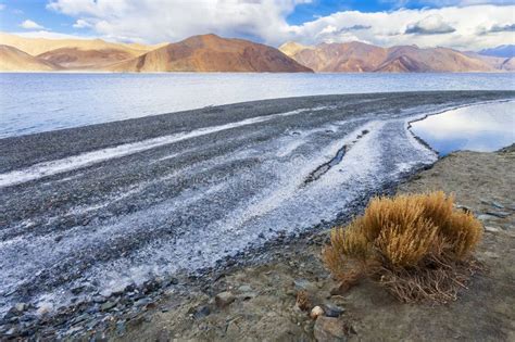 Panorama Landscape Of Pangong Lake With Mountain Background Under