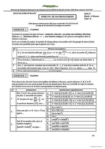 Sujet Et Corrige Bac Blanc Mathematiques Serie C Regional De