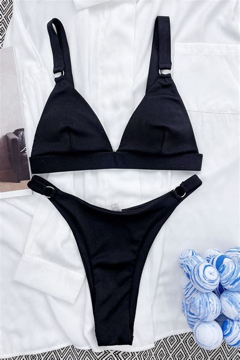 Black Ribbed Ring Triangle Bikini Top ShopperBoard