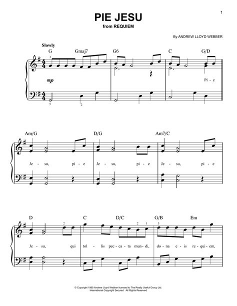 Pie Jesu From Requiem Sheet Music By Andrew Lloyd Webber Easy Piano